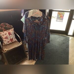Shelton Strollers Deep Brown and Multi Blue Patterned Long Sleeve Dress